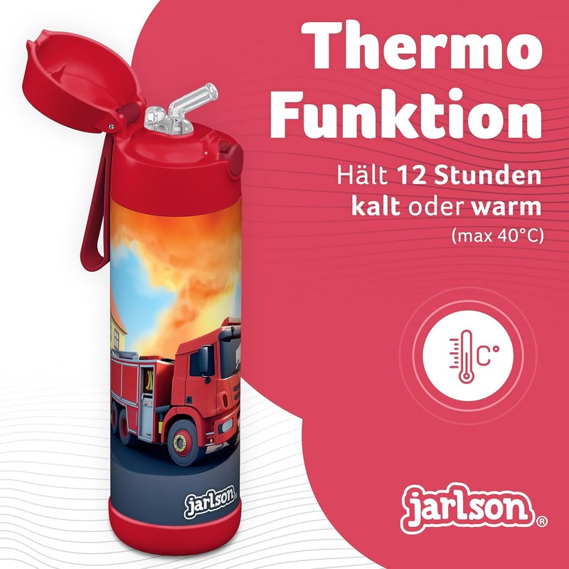 Jarlson قارورة شرب أطفال جارلسون® الفولاذية المقاومة للصدأ شارلي [مع قشة] - ترمس مقاوم للتسرب - قارونة حرارية - قارورة مياه للأطفال - قارورة شرب حرارية للمدرسة والحضانة (500 مل، نار - Image 3
