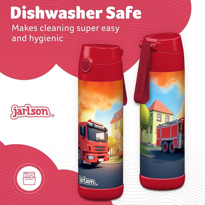 Jarlson قارورة شرب أطفال جارلسون® الفولاذية المقاومة للصدأ شارلي [مع قشة] - ترمس مقاوم للتسرب - قارونة حرارية - قارورة مياه للأطفال - قارورة شرب حرارية للمدرسة والحضانة (500 مل، نار - Image 4