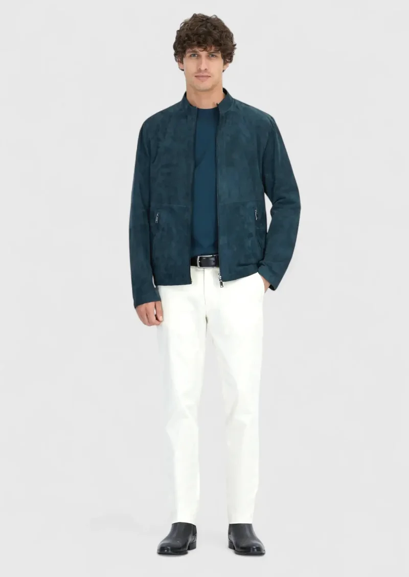 RAMSEY Petrol Blue Turtleneck Casual Double-Sided Leather Coat