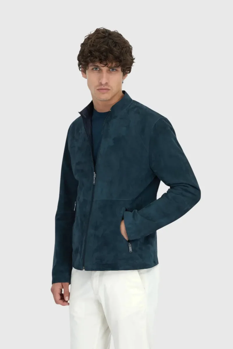 رامسي معطف جلدي ذو وجهين بياقة عالية باللون الأزرق البترولي