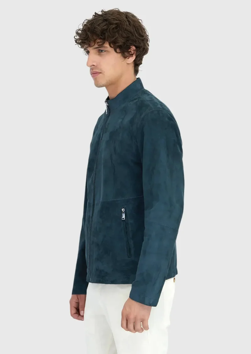 RAMSEY Petrol Blue Turtleneck Casual Double-Sided Leather Coat