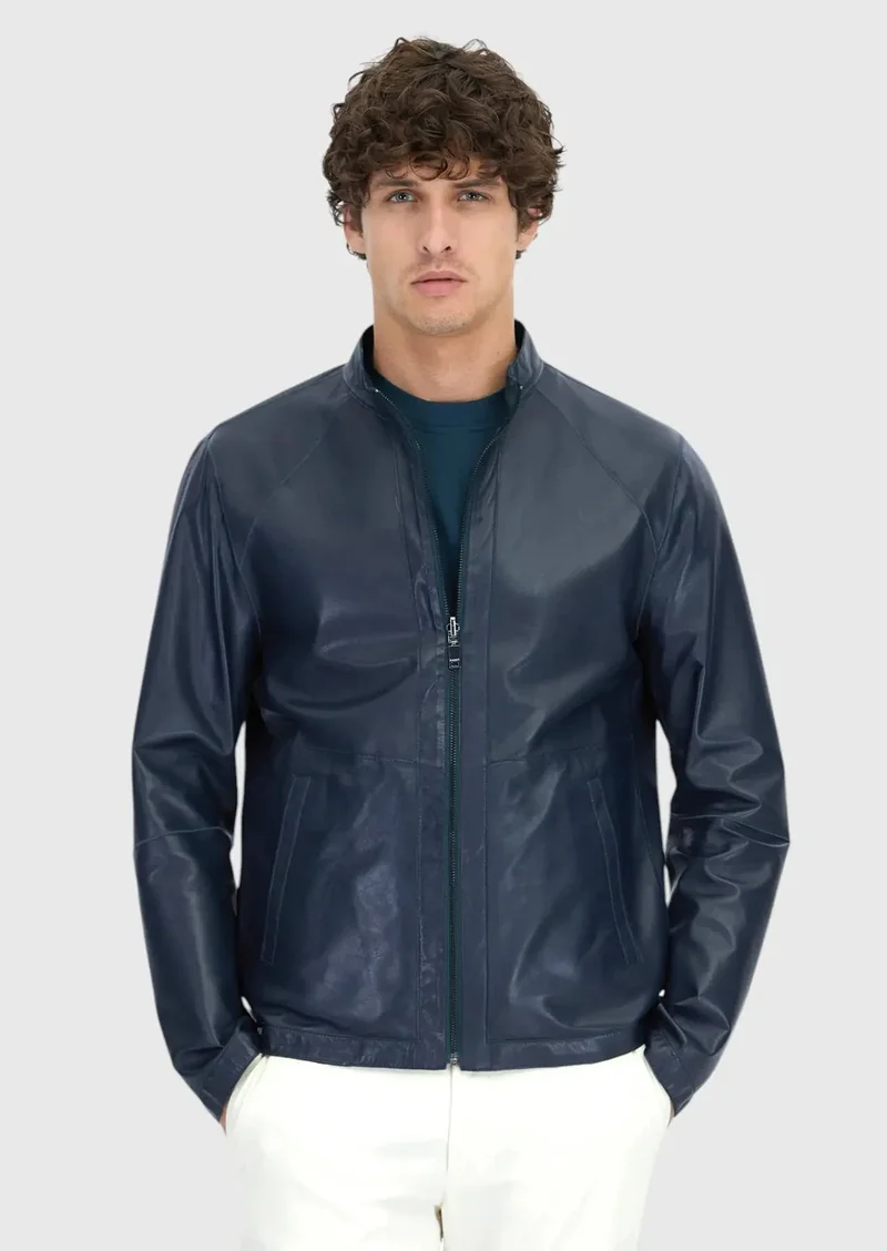 RAMSEY Petrol Blue Turtleneck Casual Double-Sided Leather Coat