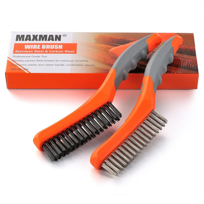 MAXMAN Wire Brush Set,Heavy Duty Carbon Steel and Stainless Steel Wire Scratch Brush for Cleaning Rust with 10" Curved Plastic Handle,2 PCs - Image 1