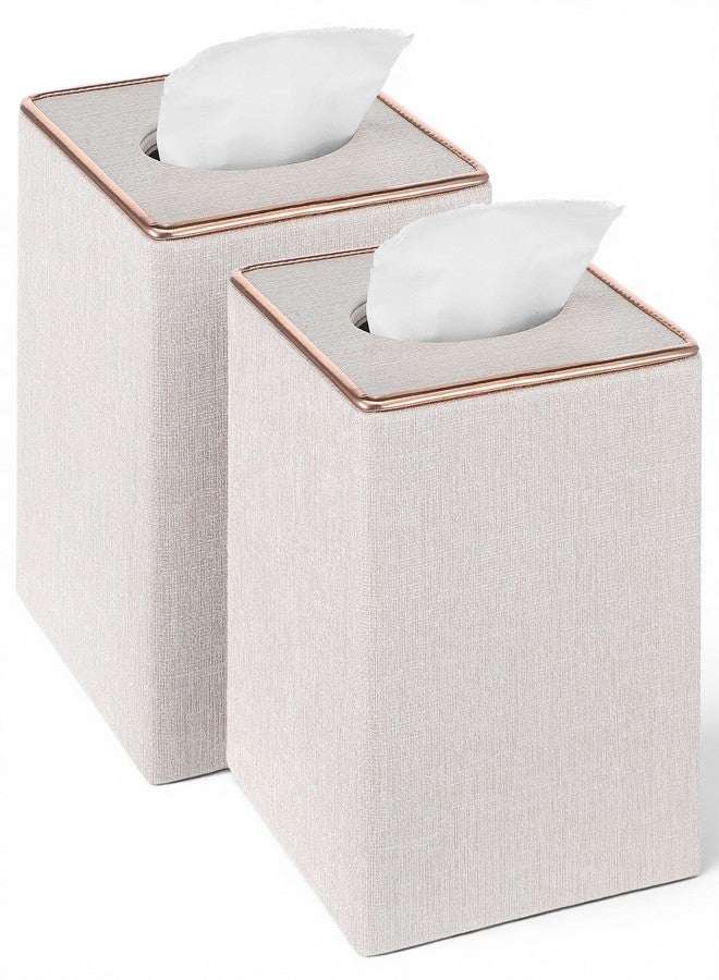 xozeooeu 2 Pack Square Linen Tissue Box Covers, Beige Cube Tissue Holder with Magnetic Bottom & Flannel Lining, Decorative Modern Organizer for Home Office Car Vanity - Image 1