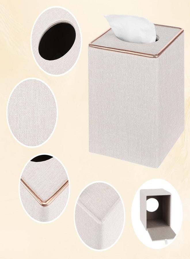 xozeooeu 2 Pack Square Linen Tissue Box Covers, Beige Cube Tissue Holder with Magnetic Bottom & Flannel Lining, Decorative Modern Organizer for Home Office Car Vanity - Image 3