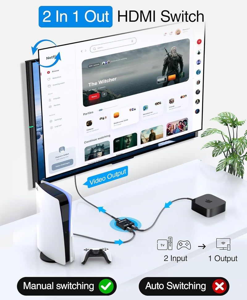 Kinivo 8K HDMI Switch 2 in 1 Out - (Uni-Directional, 8K 60Hz, Ultra HD Switcher Hub, 48Gbps HDMI Hub, HDR10+ Selector, Manual Switching Only) - Compatible with HDTV, PS5/4, Xbox, Projector - Image 2