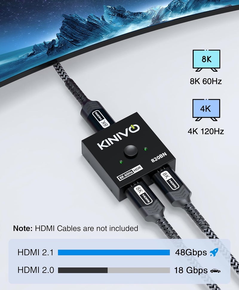 Kinivo 8K HDMI Switch 2 in 1 Out - (Uni-Directional, 8K 60Hz, Ultra HD Switcher Hub, 48Gbps HDMI Hub, HDR10+ Selector, Manual Switching Only) - Compatible with HDTV, PS5/4, Xbox, Projector - Image 5