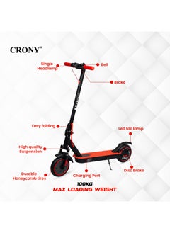 Crony W563 250w Motor E-Scooter 25-45km/H High Speed, 36v/7.8ah Battery, 10-25km Range, Front Suspension, Rear Disc Brakes, Aluminum Alloy Frame, 100kg Max Load, Led Headlamp, App Connectivity, Foldable & Portable Electric Scooter For Adults & Kids, Electric Scooter For Commuting & Leisure, Long-Range Motorized Scooter With Easy Folding, Lightweight High-Performance Commuter Skateboard，Red  - Image 2
