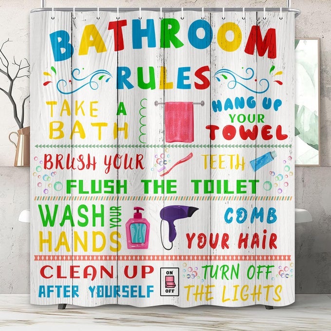 KIDS SHOWER CURTAIN FUNNY TEEN BOY GIRL SHOWER CURTAIN SET FOR COLLEGE DORM BATHROOM CUTE COLORFUL BATHROOM RULES FABRIC SHOWER CURTAIN RESTROOM BATHTUB DECOR ACCESSORIES WITH HOOKS 72X 72 INCH