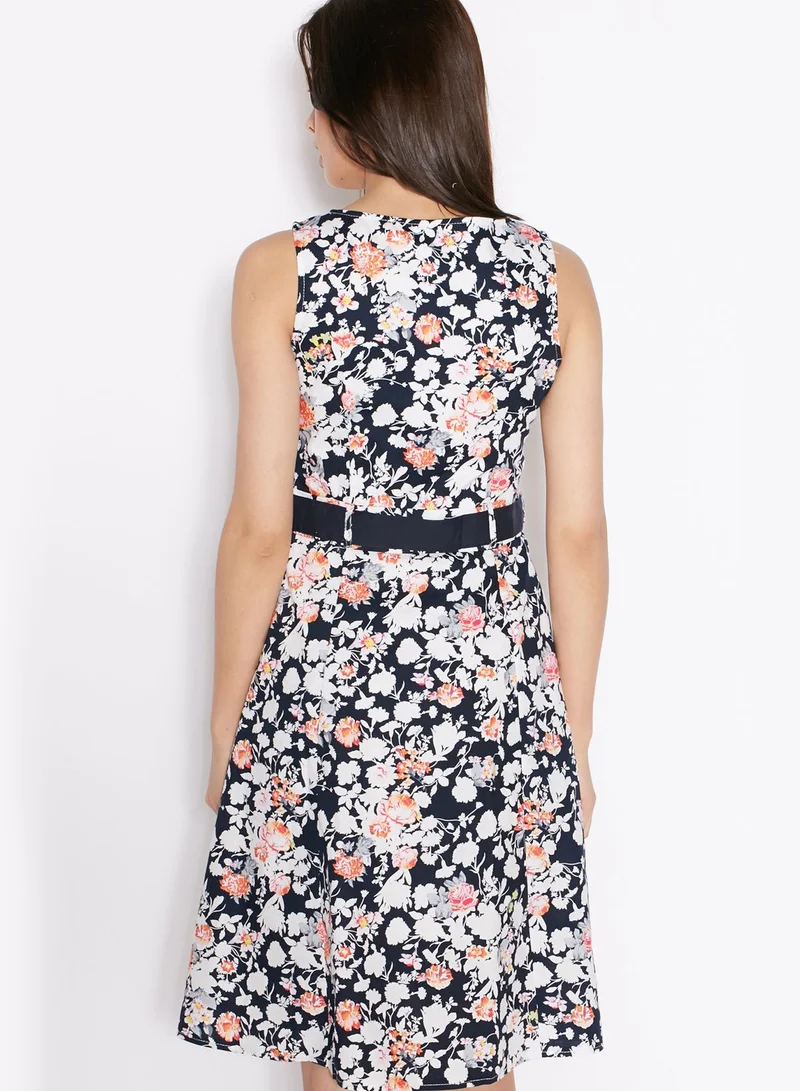 ELLA Floral Printed Belted Skater Dress