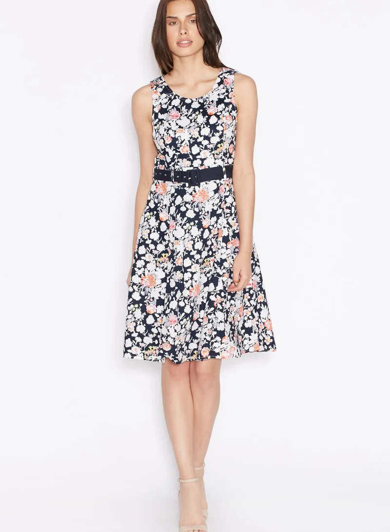 ELLA Floral Printed Belted Skater Dress