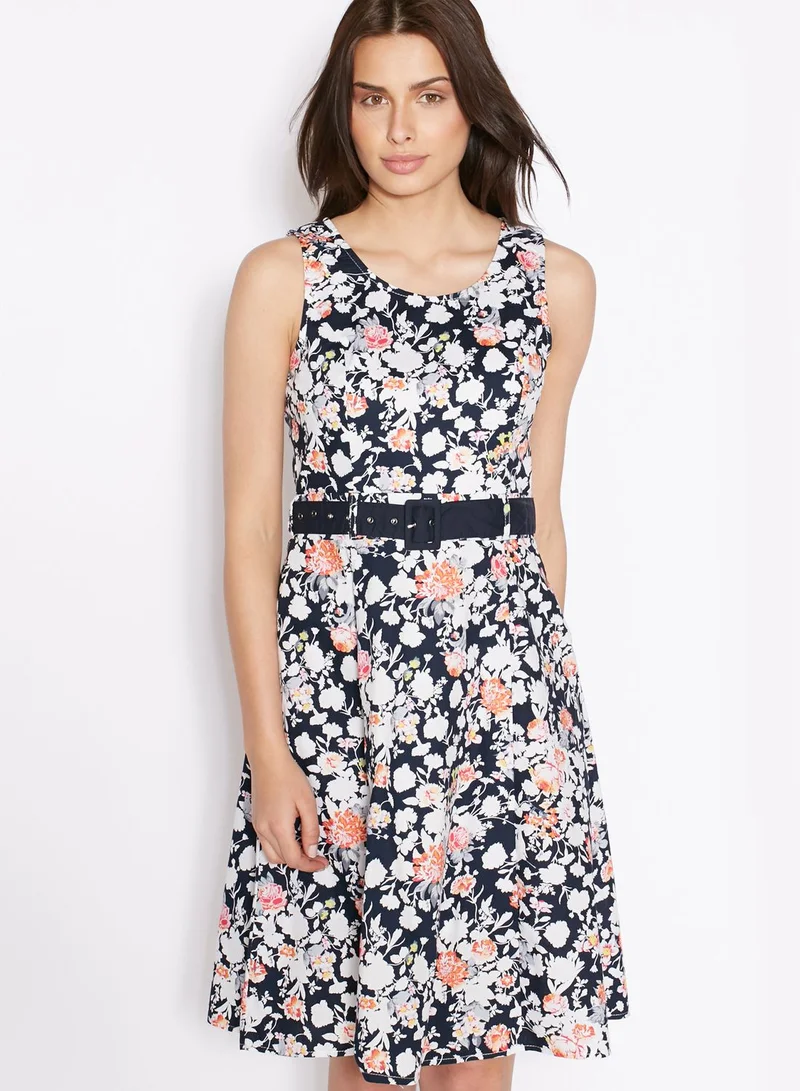 ELLA Floral Printed Belted Skater Dress