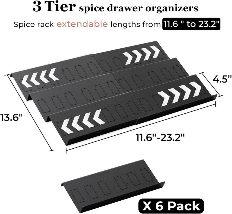 Famhap Store Spice Drawer Organizer, 6 Pack Drawer Seasoning Organizer Expandable from 11.6" to 23.2" Seasoning Rack Tray Insert for Kitchen Drawers, Spice Rack Tray for Drawer/Countertop (Black) - Image 2