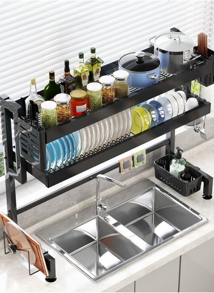 Dish Drying Rack - Large Over The Sink Dish Drainer Drying Rack , Large Capacity Stainless Steel Dish Rack, Multifunctional Kitchen Organizers and Storage Rack, 75cm-Single layer Black