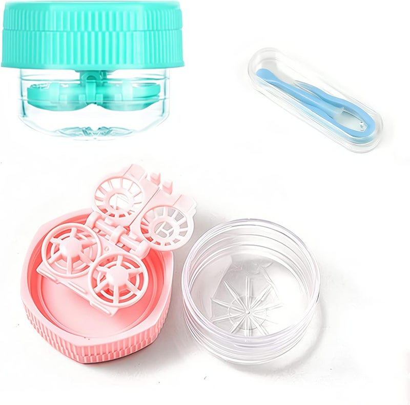 Luckam Contact Lens Case, 2 Pack Cartoon Portable Fashion Glasses Travel Storage Box, Manually Contact Lens Washer Container and Tool Tweezers Kit(Pink & Green) - Image 1