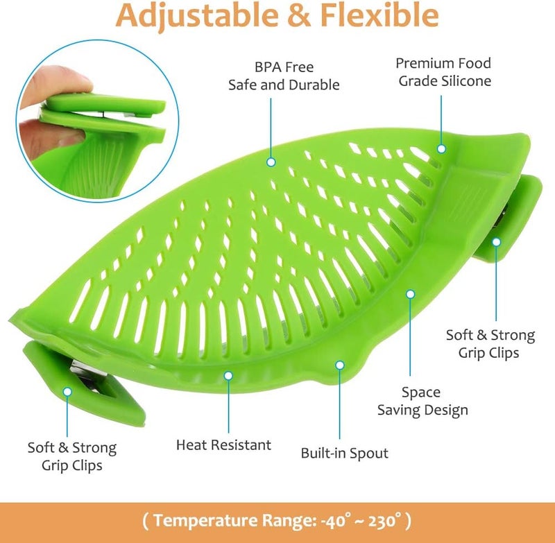 YEVIOR Clip on Strainer for Pots Pan Pasta, Silicone Food Strainer Hands-Free Pan Strainer, Clip-on Kitchen Food Strainer for Spaghetti, Pasta, Ground Beef Fits All Bowls and Pots (Green) - Image 2