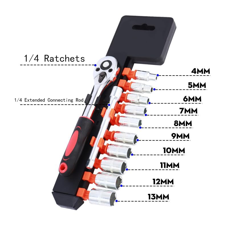 YWHWLX 12-Piece 1/4" Ratchet Socket Wrench Set, Drive Socket Set of 10 4-13mm Socket Quick Release Ratchet Handles and Extensions - Image 5