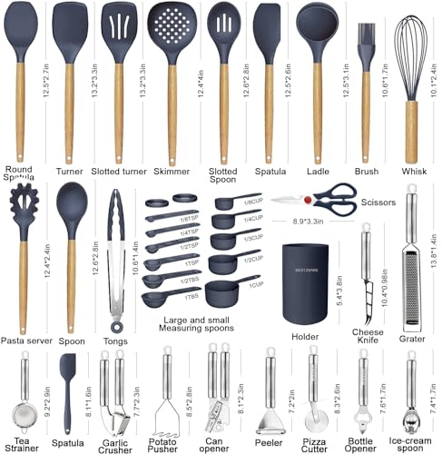 BESTZMWK Cooking Utensils Set- 35 PCs Kitchen Utensils with Grater,Tongs, Spoon Spatula &Turner Made of Heat Resistant Food Grade Silicone and Wooden Handles Kitchen Gadgets Tools Set for Cookware - Image 2