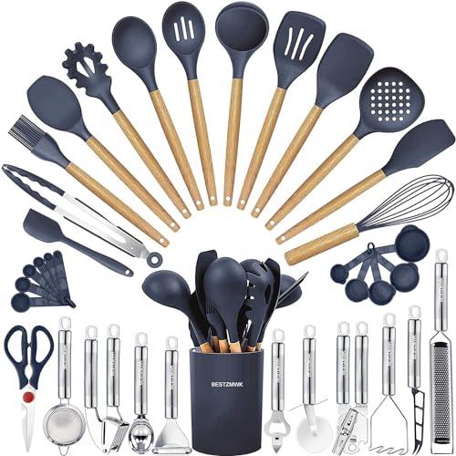 BESTZMWK Cooking Utensils Set- 35 PCs Kitchen Utensils with Grater,Tongs, Spoon Spatula &Turner Made of Heat Resistant Food Grade Silicone and Wooden Handles Kitchen Gadgets Tools Set for Cookware - Image 1