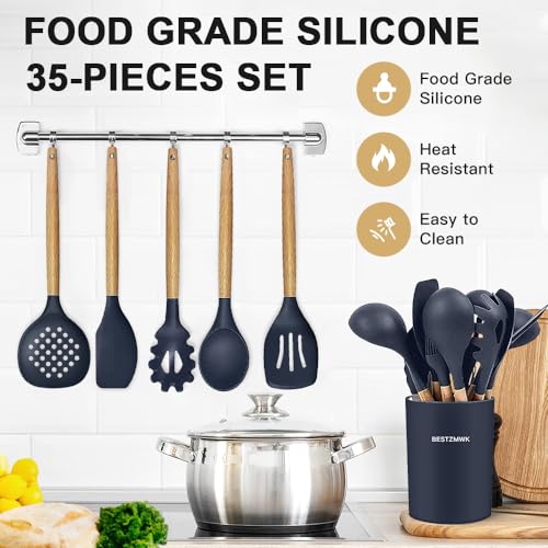 BESTZMWK Cooking Utensils Set- 35 PCs Kitchen Utensils with Grater,Tongs, Spoon Spatula &Turner Made of Heat Resistant Food Grade Silicone and Wooden Handles Kitchen Gadgets Tools Set for Cookware - Image 3
