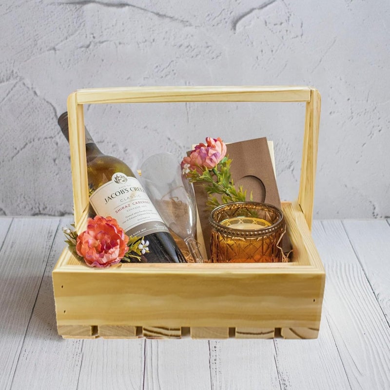 Timberz Wooden Gifting Basket With Handle Wooden Basket for Gift Hamper Fancy Handmade Wood Packing Basket Hamper Basket for Weddings Birthdays Special Occasions Square Basket 10x10 In