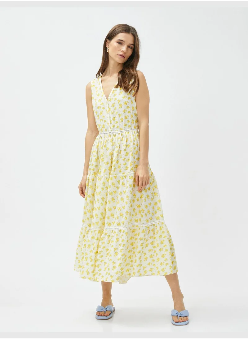 KOTON Buttoned Sleeveless V Neck Floral Dress