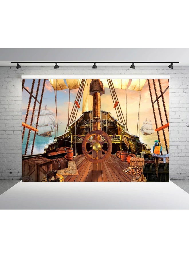 BELECO 7x5ftFabric Vintage Pirate Ship Backdrop Wooden Rudder Treasure Chests Treasure Map Barrels Parrot Ocean Sailing Ship Nautical Pirates Background Pirate Theme Party Decorations Photo Props - Image 5