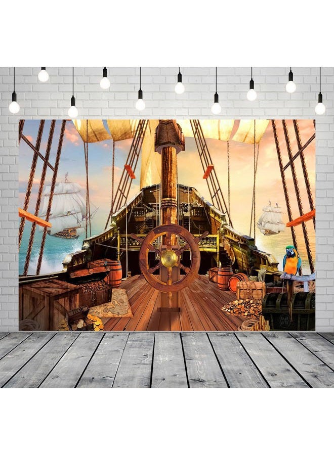 BELECO 7x5ftFabric Vintage Pirate Ship Backdrop Wooden Rudder Treasure Chests Treasure Map Barrels Parrot Ocean Sailing Ship Nautical Pirates Background Pirate Theme Party Decorations Photo Props - Image 3