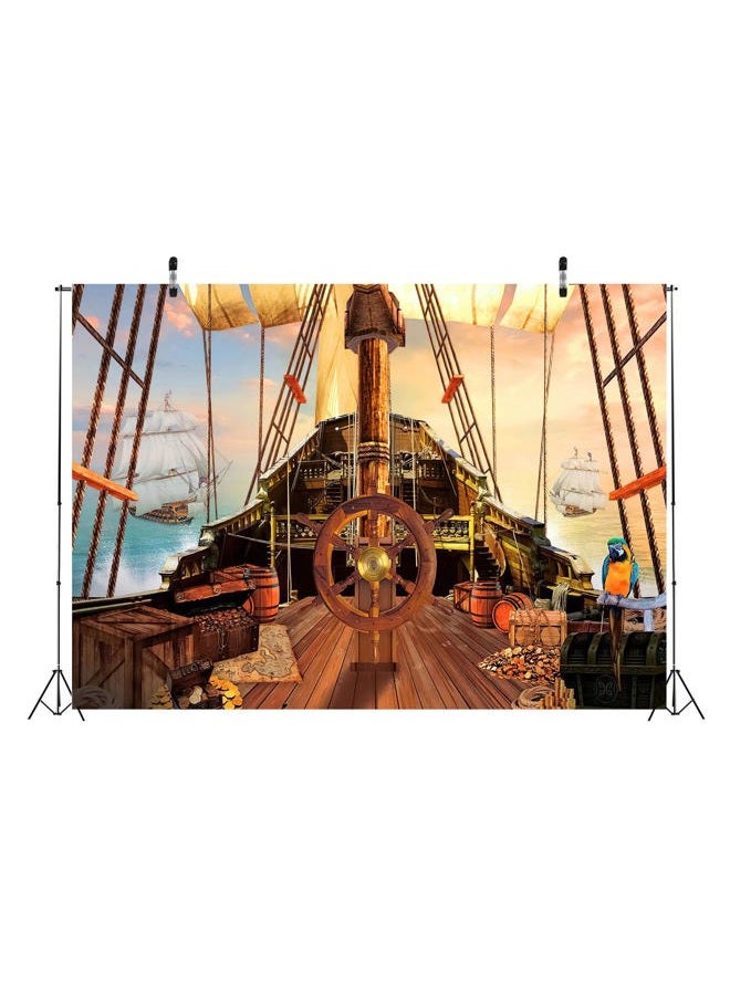 BELECO 7x5ftFabric Vintage Pirate Ship Backdrop Wooden Rudder Treasure Chests Treasure Map Barrels Parrot Ocean Sailing Ship Nautical Pirates Background Pirate Theme Party Decorations Photo Props - Image 4