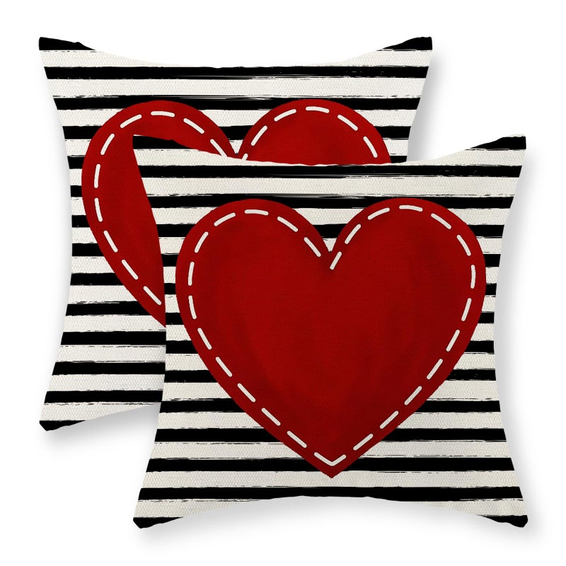 GOLIANDA Valentines Day Pillow Covers 18x18 Inch Set of 2, Valentines Decor Linen Pillowcase Stripes Red Love Heart Valentines Throw Pillows Anniversary Decorative Outdoor Cushion Covers for Sofa Couch - Image 1