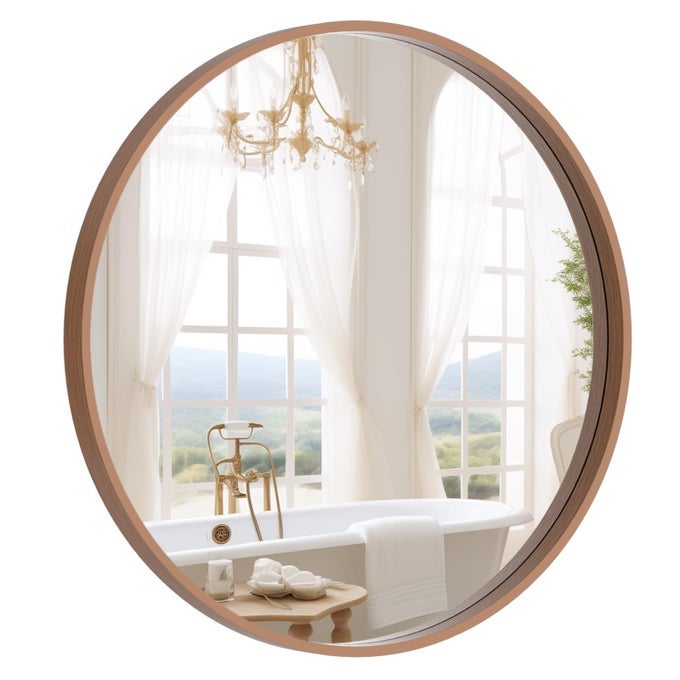 WOOD ROUND MIRROR WITH WOOD FRAME 24 INCH CIRCLE WALL MIRROR FOR BATHROOM ROUND WALL MIRROR FOR WALL DECOR VANITY ENTRYWAY LIVING ROOM WALNUT