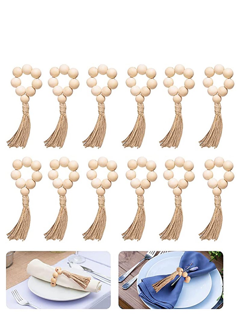 Excefore Napkin Rings Set of 12, Handmade Wood Bead Napkin Holder Ring with Rope Tassel Tabletop Decor for Dinning Table Setting, Party, Wedding, Family Gatherings - Image 1