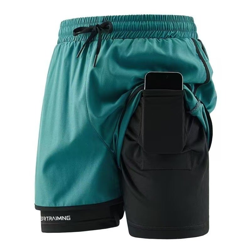 Cross-border Sports Shorts Running Special Loose Anti-slip Triple Pants Double-layer Quick-drying Workwear Casual Pants Printed Malachite green【1920】rp