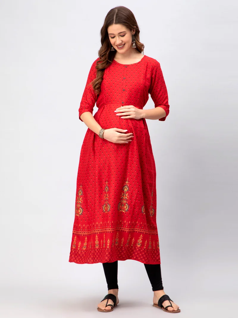 CEE 18 Women's Cotton Rayon Flaired Maternity Dress Feeding Kurti with Zippers