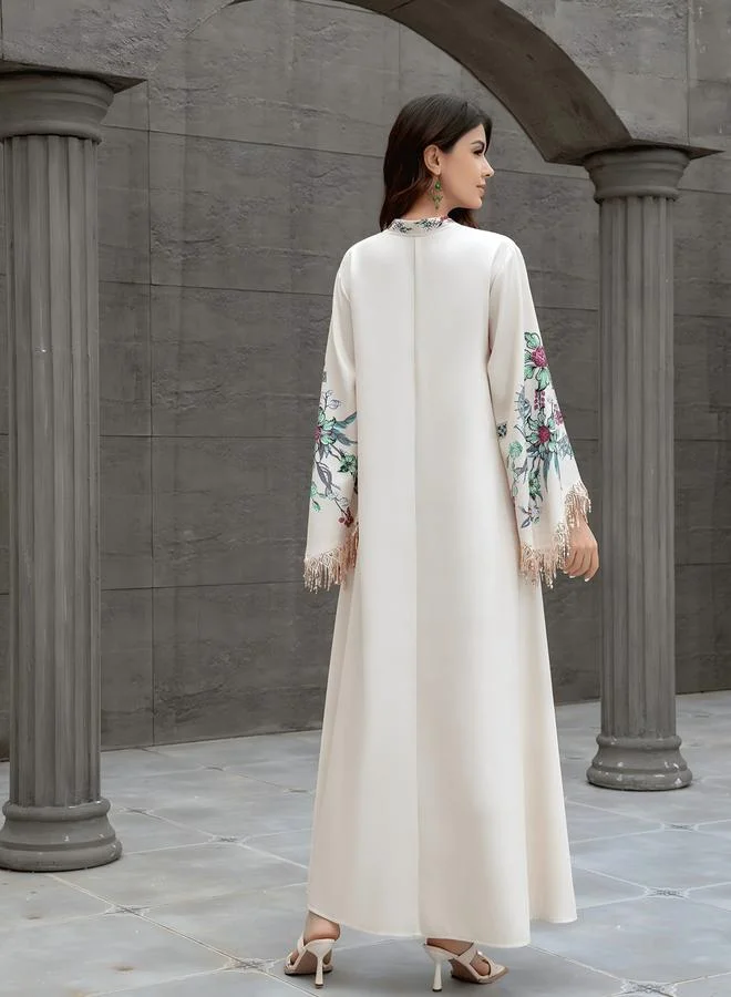 تايك تو جلابية مزينة بطبعة زهور وشراشيب وخرز