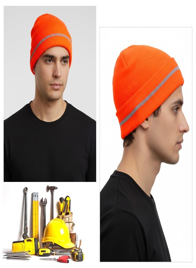 Sucrain 2 PCS Reflective Knit Hat Adult Safety Beanies Hats Warm Winter Knit Caps with Reflective Stripes for Outdoor Work, Running (Orange) - Image 4