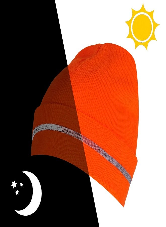 Sucrain 2 PCS Reflective Knit Hat Adult Safety Beanies Hats Warm Winter Knit Caps with Reflective Stripes for Outdoor Work, Running (Orange) - Image 3