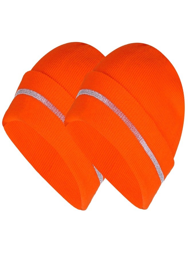 Sucrain 2 PCS Reflective Knit Hat Adult Safety Beanies Hats Warm Winter Knit Caps with Reflective Stripes for Outdoor Work, Running (Orange) - Image 1