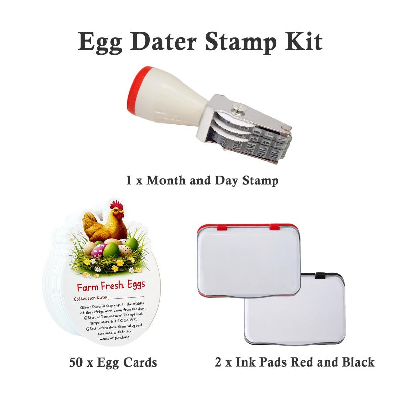 Aunewrick Egg Dater Kit, Date Stamp, 2 Fade-Resistant Inks (Red & Black), Stamper Pad, 50 Farm Fresh Eggs Instructions, for Chicken Duck Turkey Goose Eggs - Image 3