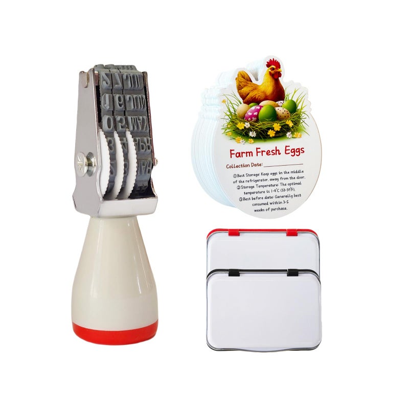 Aunewrick Egg Dater Kit, Date Stamp, 2 Fade-Resistant Inks (Red & Black), Stamper Pad, 50 Farm Fresh Eggs Instructions, for Chicken Duck Turkey Goose Eggs - Image 1