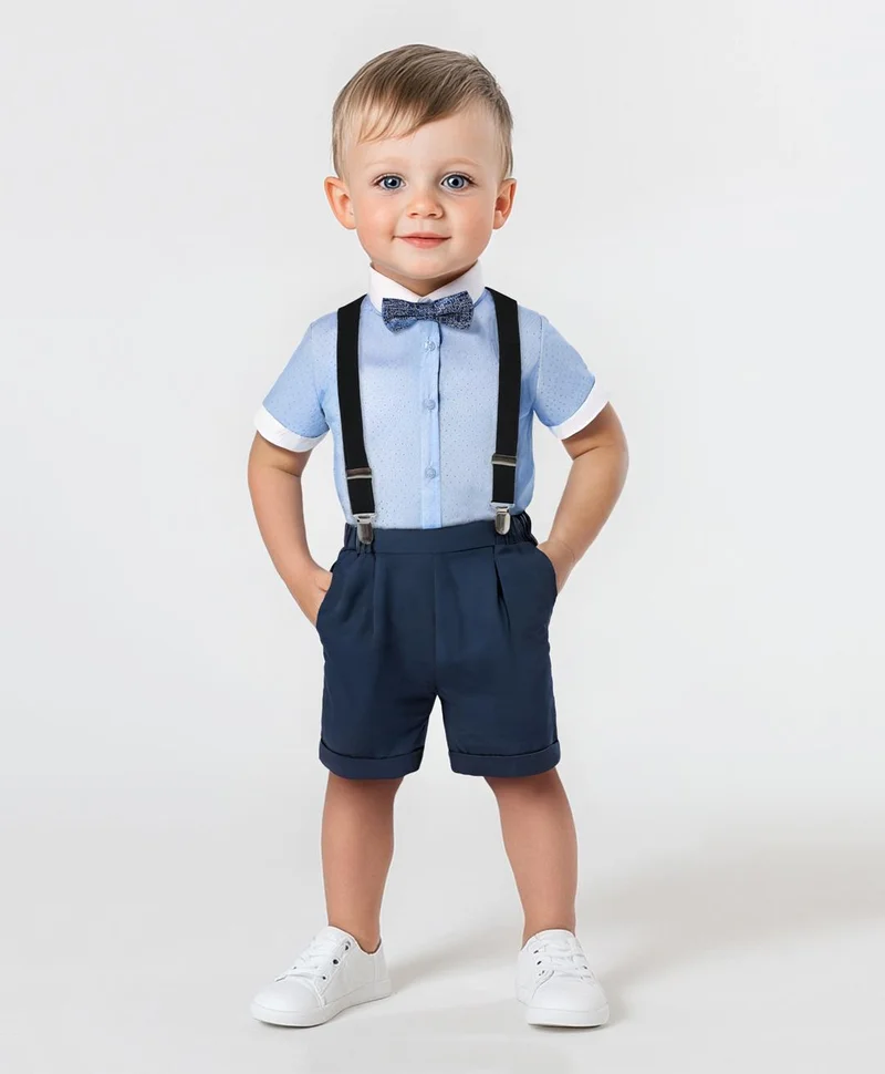 مارك وميا بدلة مارك وميا قصيرة الأكمام سادة للحفلات مع حمالات وربطة عنق - أزرق