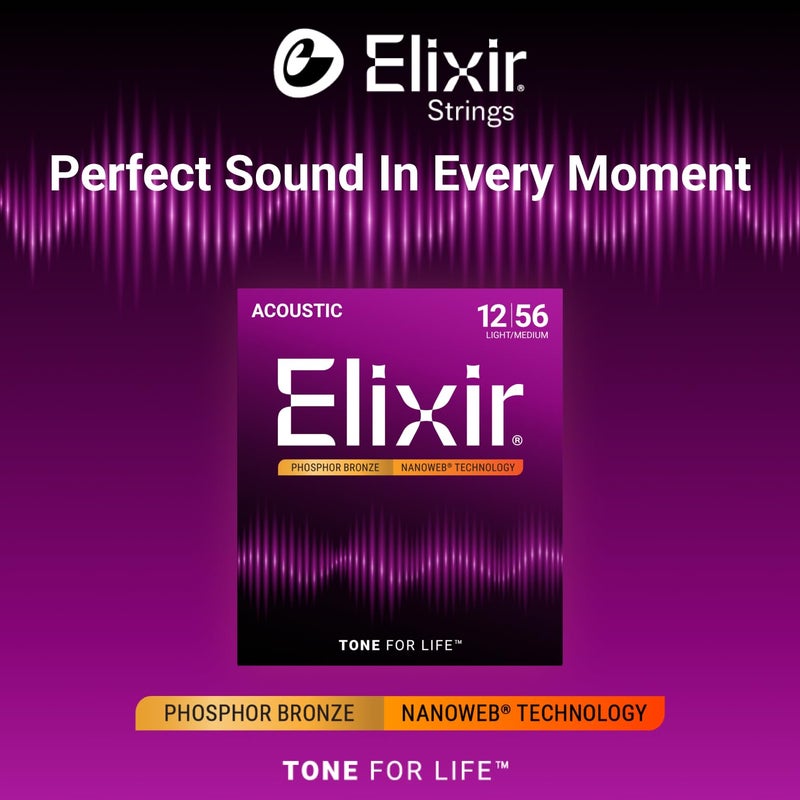 Elixir Strings, Acoustic Guitar Strings, Phosphor Bronze with NANOWEB Technology, Longest-Lasting Rich and Full Tone For Life with Comfortable Feel, 6 String Set, Light/Medium 12-56 - Image 2