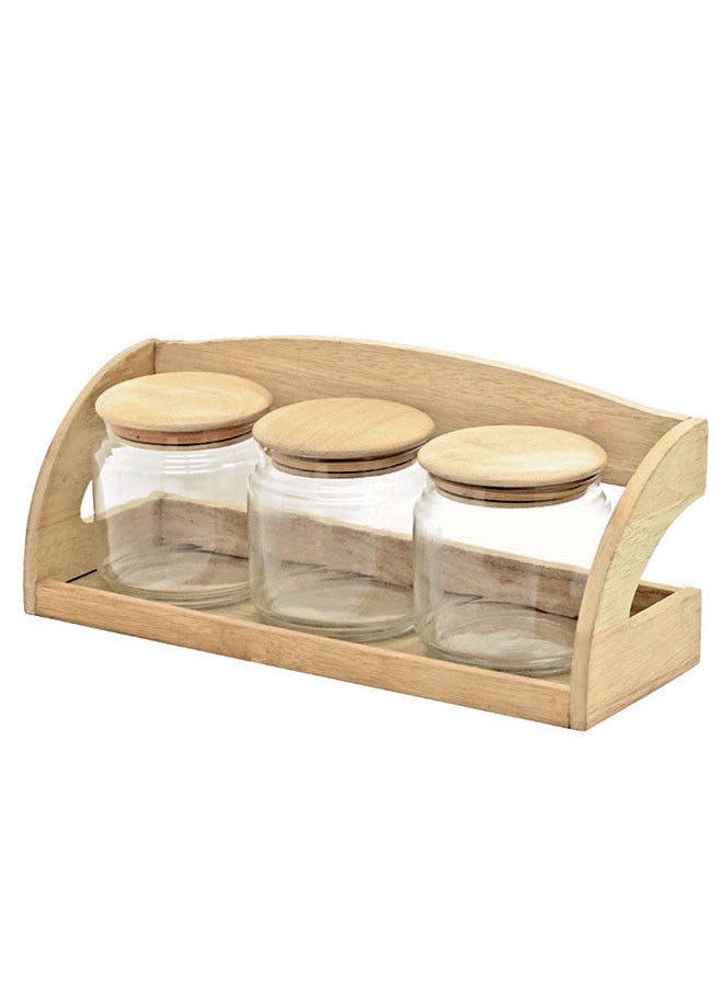Quality Wood 3-Piece Rubberwood & Glass Spice Jar Set With Air-Tight Seals With Wooden Stand Brown/Clear. Stand Size: Width 35cm x Depth 12cm x Hight 14.5cm. Glass Size: Diameter 10cm x Hight 10cm. 