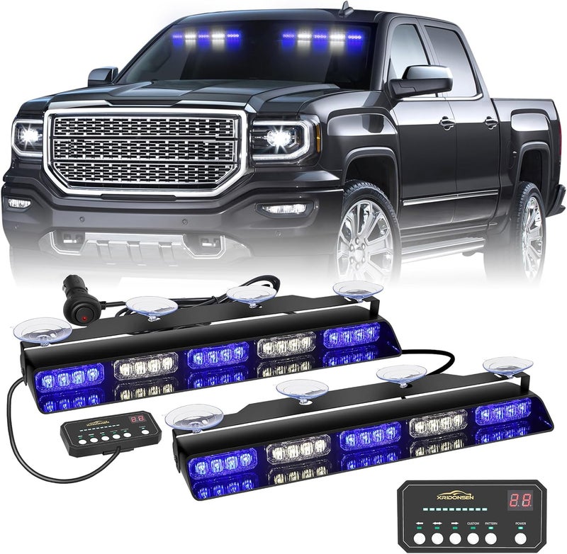 XRIDONSEN 2x 17 Inch Blue White Emergency Dash Strobe Lights Bar - 40 LED Safety Flashing Warning Hazard Lights with Suction Cups for Vehicles - Image 1