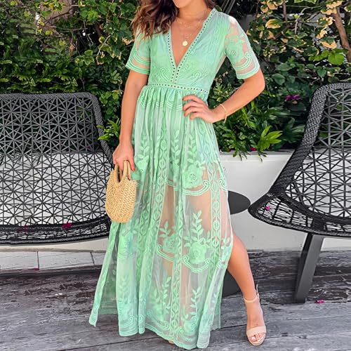 amropi Womens Deep V Neck Short Sleeve Floral Lace Dress Long Bridesmaid Maxi Dresses Light Green,M - Image 2