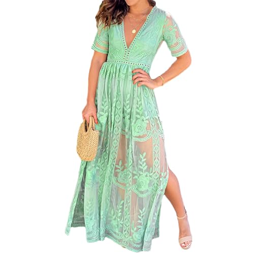 amropi Womens Deep V Neck Short Sleeve Floral Lace Dress Long Bridesmaid Maxi Dresses Light Green,M - Image 1