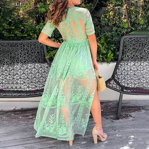 amropi Womens Deep V Neck Short Sleeve Floral Lace Dress Long Bridesmaid Maxi Dresses Light Green,M - Image 3