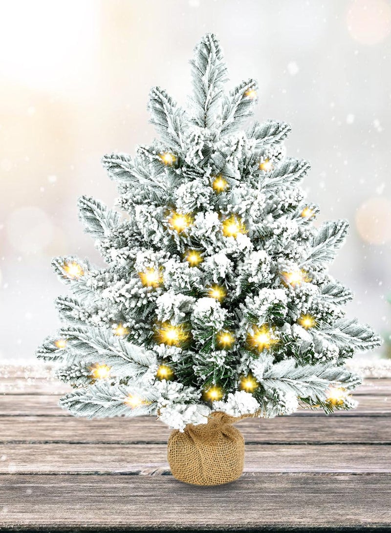 TAPIT Pre-Lit Artificial Mini Christmas Tree 21.65 Inch Snow Flocked Artificial Pine Xmas Tree with 40 LED Lights Desktop Christmas Tree Burlap Base - Image 1