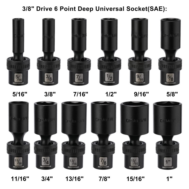MIXPOWER 3/8" Drive Deep Impact Universal Joint Swivel Socket Set, SAE, 5/16" - 1", Deep, Flexible Wobble, Chrome Molybdenum Steel, 12 Pieces Set - Image 4