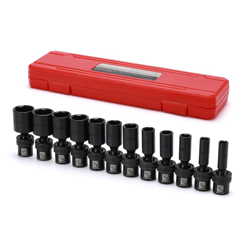 MIXPOWER 3/8" Drive Deep Impact Universal Joint Swivel Socket Set, SAE, 5/16" - 1", Deep, Flexible Wobble, Chrome Molybdenum Steel, 12 Pieces Set - Image 1